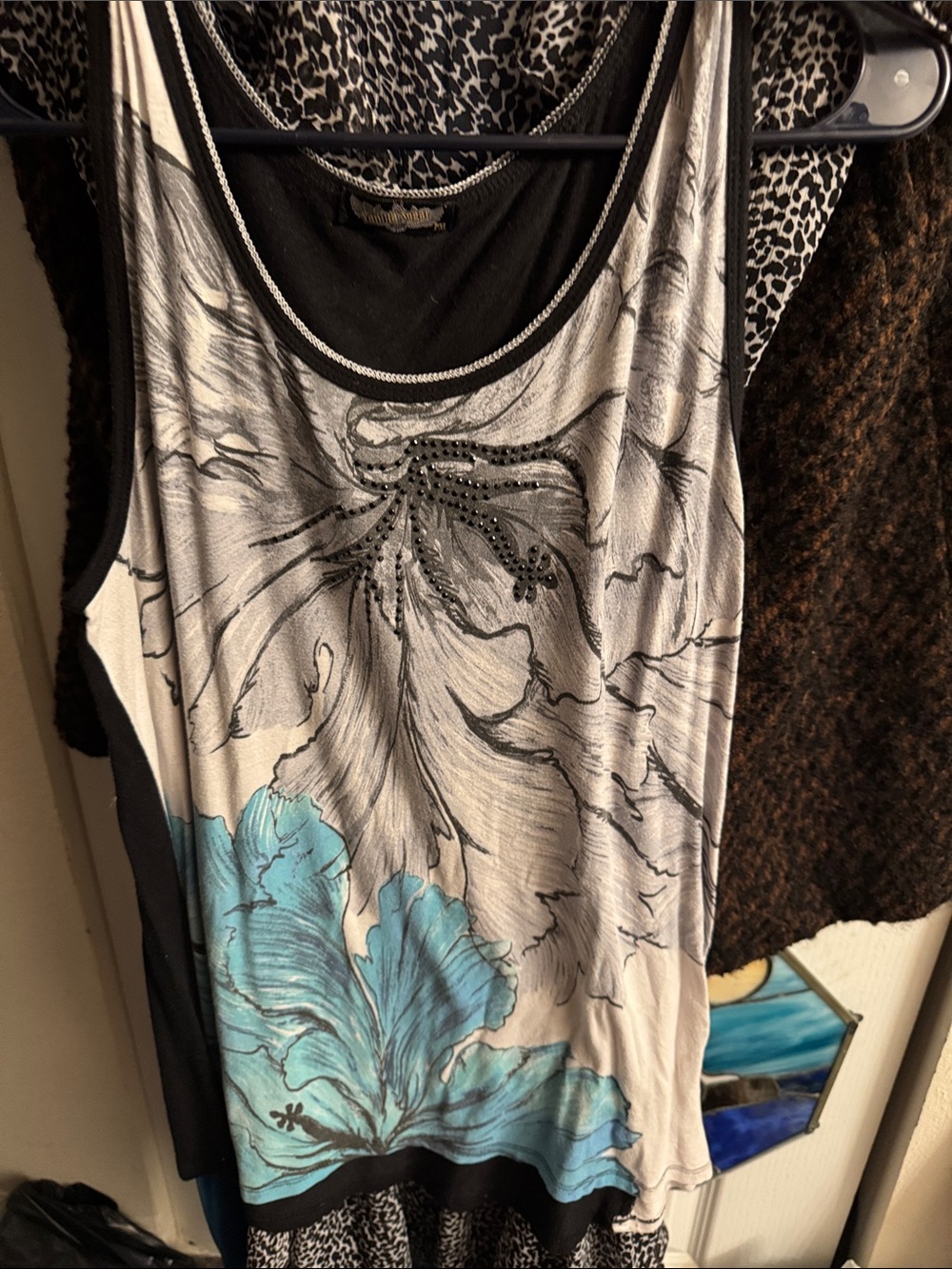 Vanilla Sugar Black & Teal Floral Rhinestone Tank Top long xl